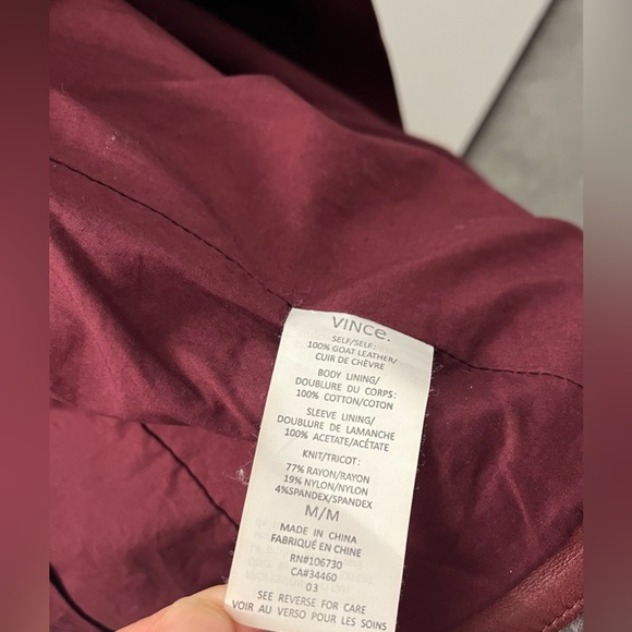 VINCE Burgundy Wine 100% Goat Leather Draped Waterfall Open Front Jacket Medium - Picture 7 of 7